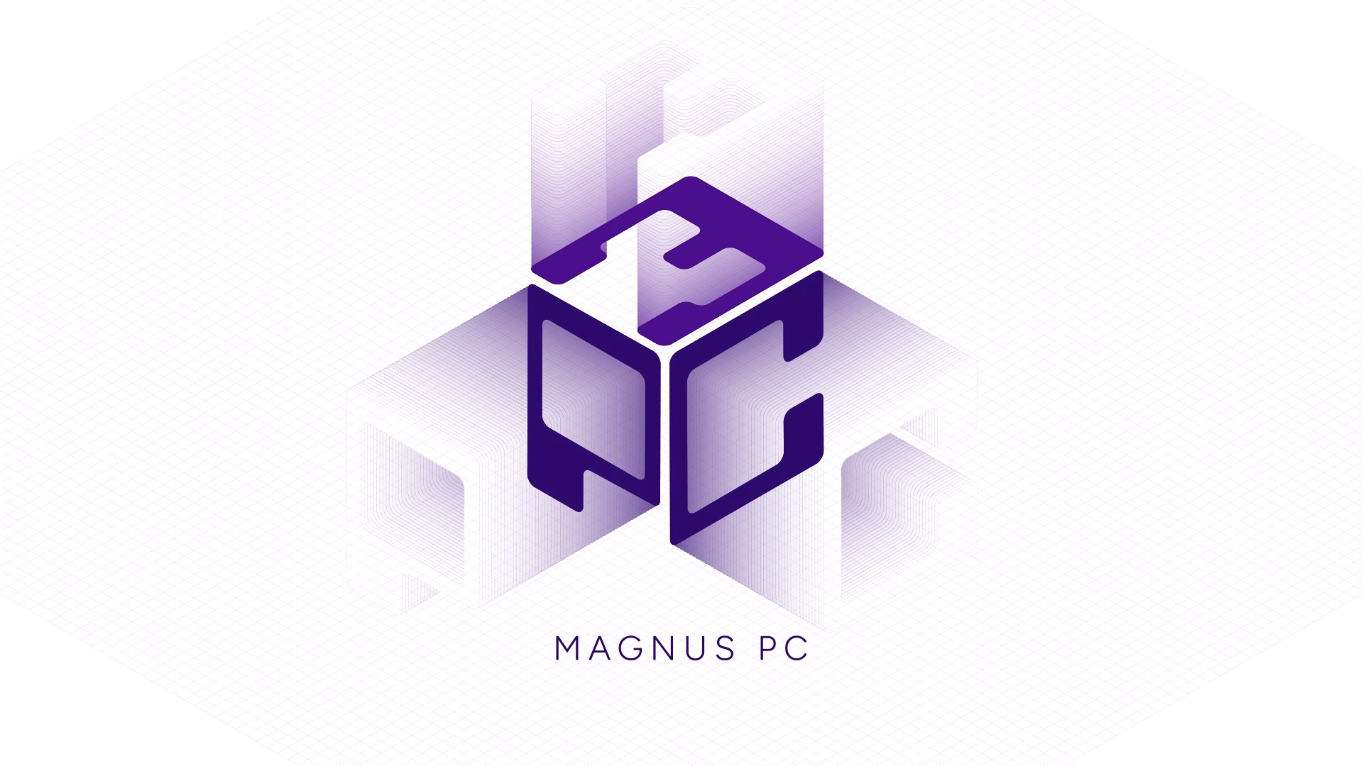 The isometric logo for MAGNUS PC, featuring the letters M, P, and C arranged as faces of a purple cube. The logo is set against a white background with a subtle grid pattern.